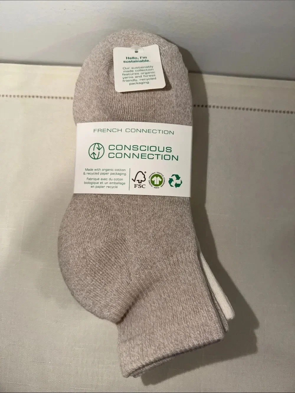 French Connection 5pk Ivory Heather Tan Brown Organic Cotton Blend Knit Socks